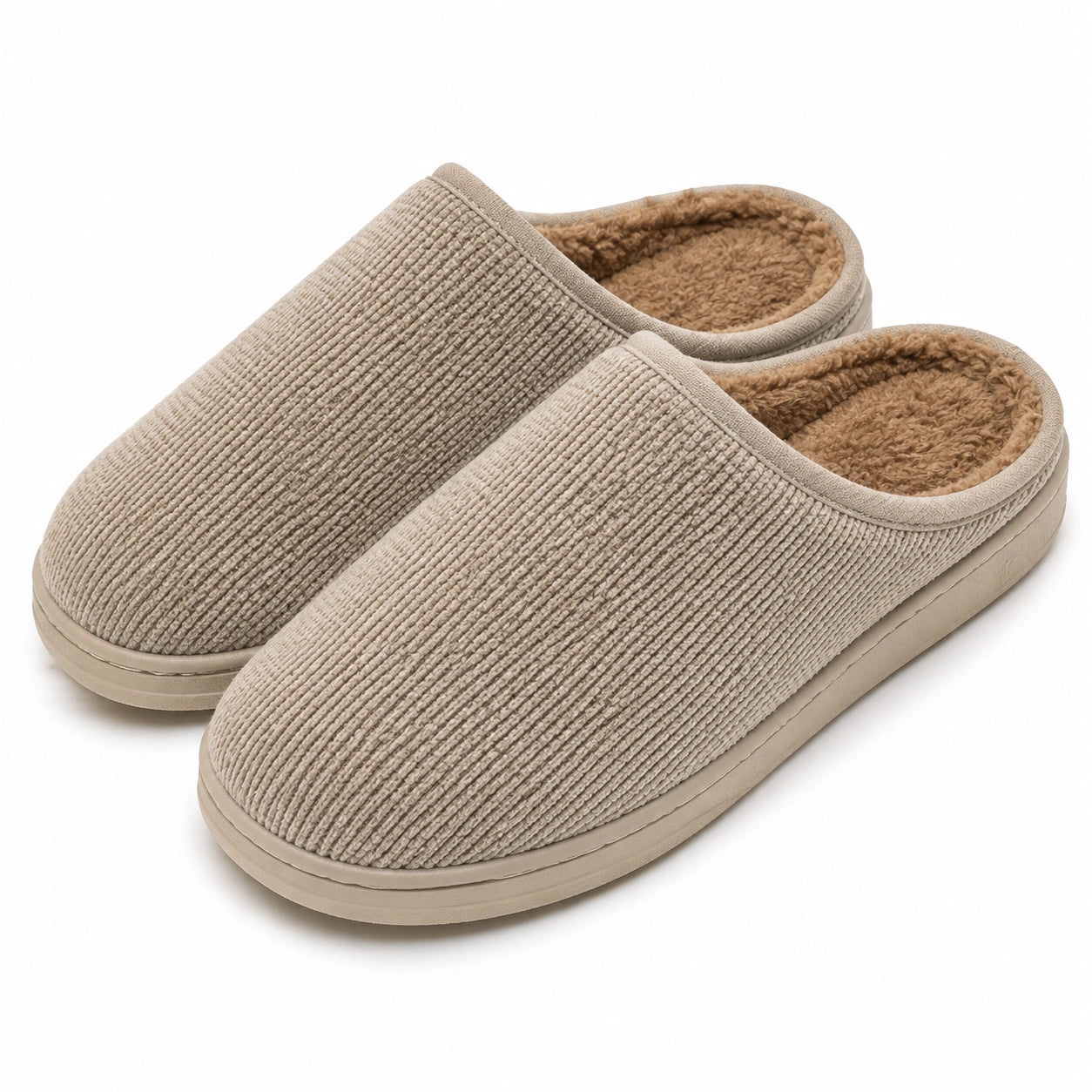 Pantofole 40/41 beige in tessuto a coste con fodera calda - ciabatte chiuse da interno
