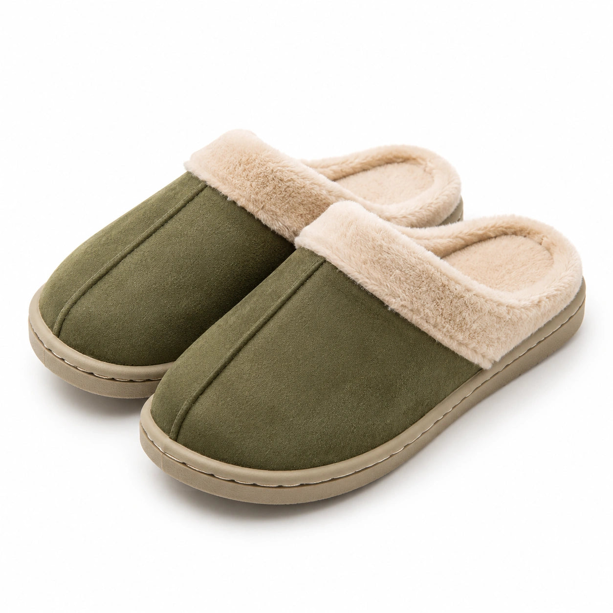 Pantofole da casa 42/43 in similpelle scamosciata verde con bordo in pelliccia sintetica