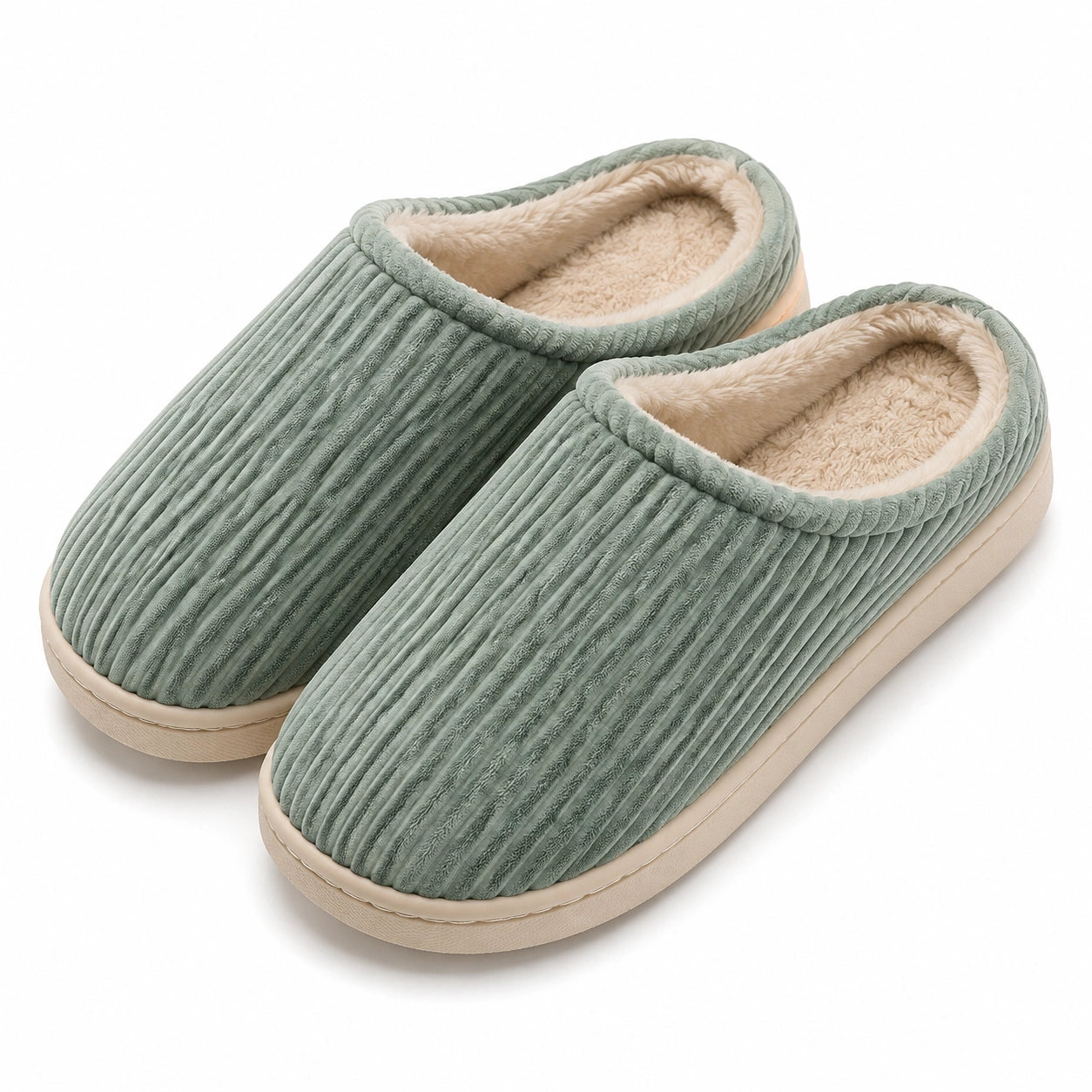 Pantofole da interno 42/43 in tessuto a coste verde salvia con fodera morbida